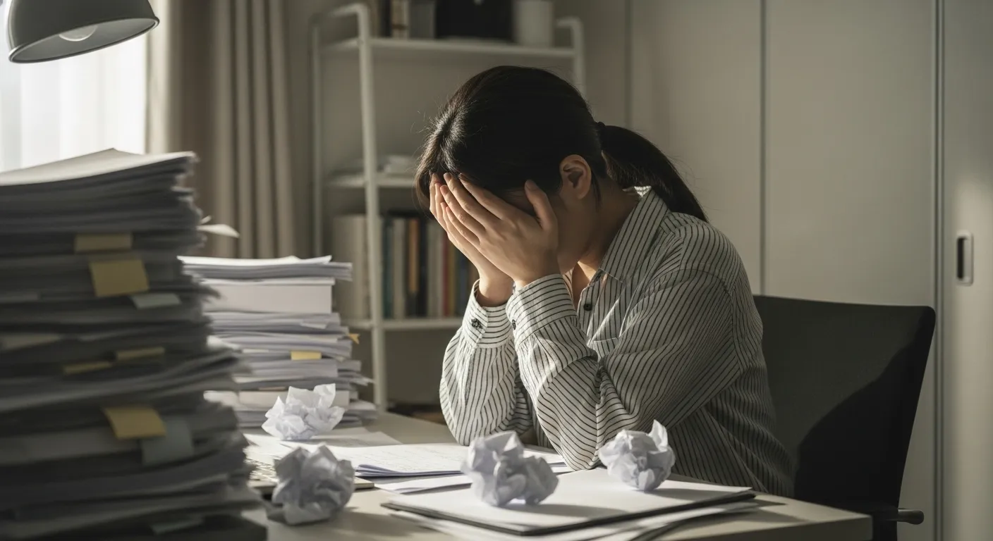 山積みの書類と請求書の前で頭を抱える人物のイメージ